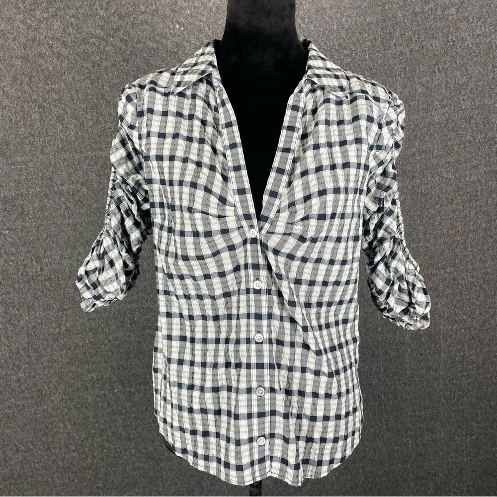 Veronica Beard Navy and White Plaid Ruched -Sleeve Blouse